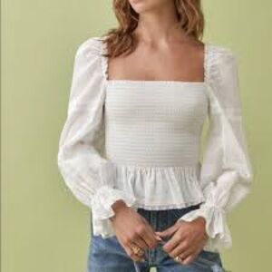 Reformation Smocked Top White Linen V-Neck Puff Sleeve Size XS